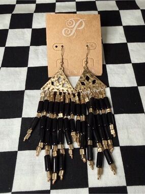 Plunder Gold Tone And Black Beaded Tassel Earrings